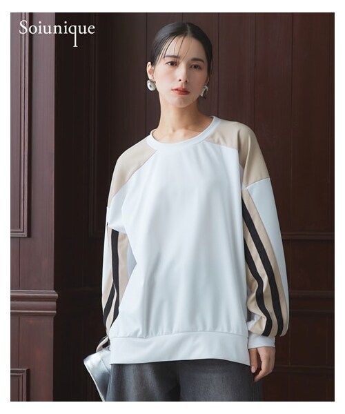 nissen（ニッセン）の「肉厚ポンチ素材ライン使いプルオーバー ［Soiunique］（Tシャツ/カットソー・レディース・ネイビー系/オフホワイト系・1(S-M)/2(L-LL)）」の2枚目の写真