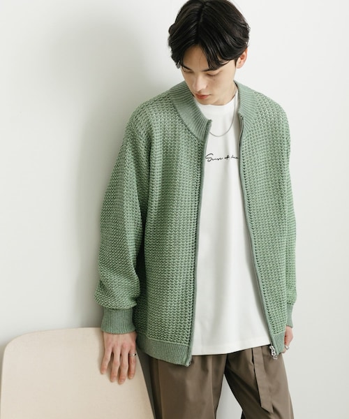 SENSE OF PLACE by URBAN RESEARCH（センスオブプレイスバイアーバンリサーチ）の「『ユニセックス』『洗濯可』シアーメッシュドライバーズカーディガン（カーディガン/ボレロ・メンズ・BLACK/IVORY/MINT・M/L）」の3枚目の写真