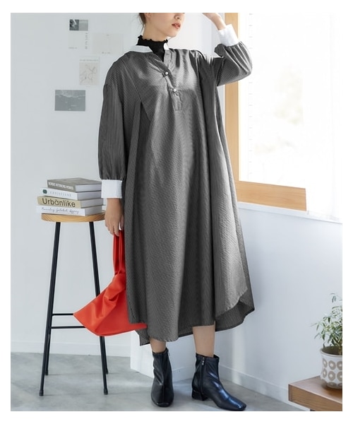 nissen（ニッセン）の「大きいサイズ ゆるシルエットパール調ボタン配色ワンピース（ワンピース・レディース・ラベンダー系/ネイビー系/黒系/オフホワイト系・L~LL相当/3L~4L相当/5L~6L相当/8L相当/10L相当）」の11枚目の写真