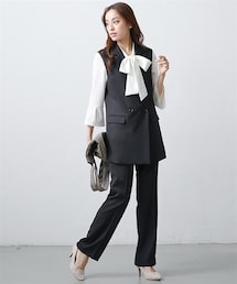 7days Life Styling | 【レディーススーツ】ドビー素材ジレセットアップスーツ3点セット（Wブレストテーラードジレ＋五分袖ブラウス＋ストレートパンツ）(スーツセット)