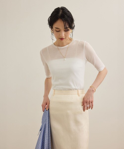 ROPE'(ロペ)の「シアーフライス5分袖プルオーバー(Tシャツ/カットソー・レディース・ブラック/ホワイト・F)」の7枚目の写真