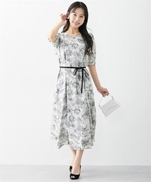 nissen | 【大きい胸専用】半袖ジャカード織ワンピース（取り外しできるリボン、ポケット付）(ワンピース)