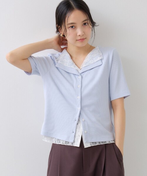 VIS(ビス)の「ドット&無地 レースドッキングレイヤード風リブカットソー(Tシャツ/カットソー・レディース・オフホワイト/ネイビー/サックス・F)」の21枚目の写真