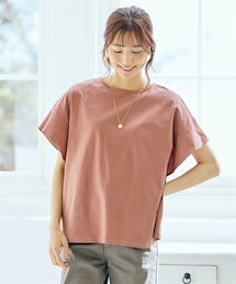 nissen | 大きいサイズ　綿１００％汗染みしにくい５分袖バックギャザーフリル袖トップス(Tシャツ/カットソー)