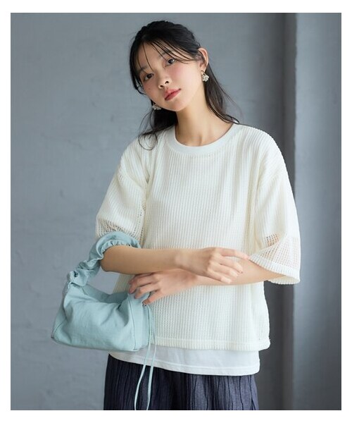 nissen（ニッセン）の「＜大きいサイズ＞２点セット（透かし編ニットソー＋5分袖Ｔシャツ）（Tシャツ/カットソー・レディース・モカベージュ/黒/オフホワイト・L/LL/3L/4L/5L/6L/8L/10L）」の19枚目の写真