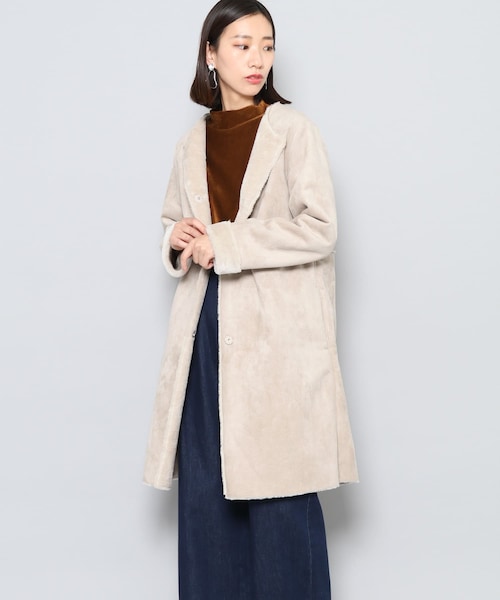 SENSE OF PLACE by URBAN RESEARCH(センスオブプレイスバイアーバンリサーチ)の「ノーカラームートンコート∴(ムートンコート・レディース・NAVY/GREIGE/KHAKI・FREE)」の1枚目の写真