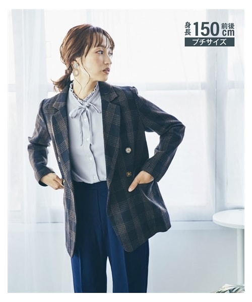 nissen（ニッセン）の「小さいサイズ　ロング丈チェック柄ダブルジャケット　低身長さん・小柄女性（テーラードジャケット・レディース・ブラック/ブラウン・P1/P2）」の2枚目の写真