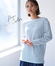 nissen | ＜大きいサイズ＞長袖ボートネックリップルボーダーゆるカットソートップス(Tシャツ/カットソー)