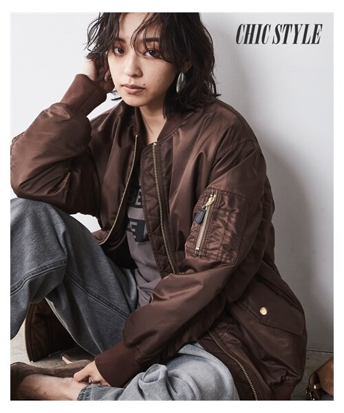 nissen（ニッセン）の「MA‐1ロングブルゾン シックスタイル（大きいサイズ対応）（ジャケット/アウター・レディース・ブラウン/カーキ・M/L/LL/3L/4L/5L/6L/8L/10L）」の1枚目の写真