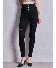 ハイウエストバッククロスダメージスキニーデニムパンツ