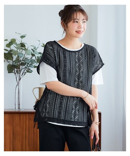 nissen（ニッセン）の「2点セット（レースベスト＋Tシャツ）＜大きいサイズ有＞（ベスト・レディース・ミント+オフホワイト/黒+オフホワイト・M/L/LL/3L/4L）」の16枚目の写真