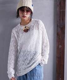 nissen | 大きいサイズ リブ衿レースTシャツ GEVS.(Tシャツ/カットソー)