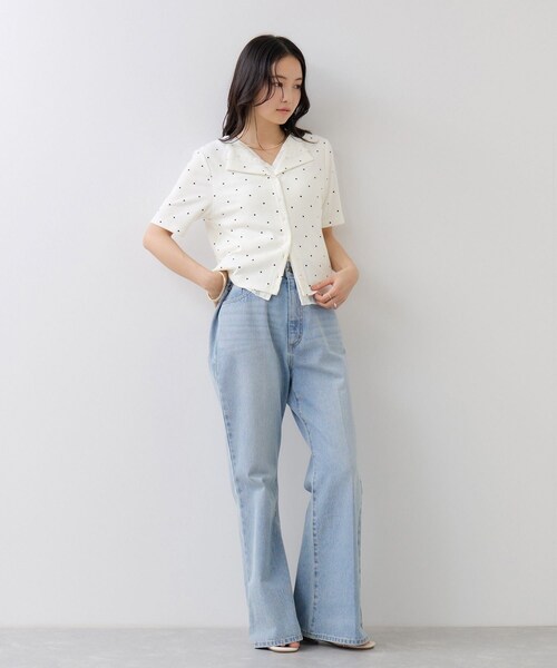 VIS(ビス)の「ドット&無地 レースドッキングレイヤード風リブカットソー(Tシャツ/カットソー・レディース・オフホワイト/ネイビー/サックス・F)」の9枚目の写真