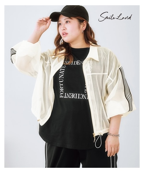 nissen（ニッセン）の「＜大きいサイズ＞ サイドラインメッシュブルゾン（ジャケット/アウター・レディース・オフホワイト/黒・L/LL/3L/4L/5L/6L/8L/10L）」の2枚目の写真