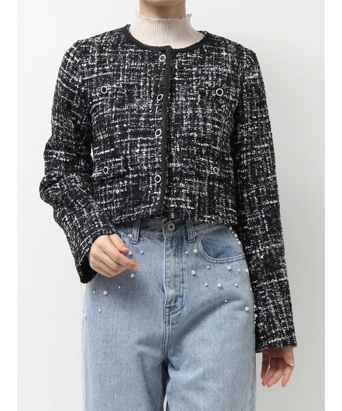 MERCURYDUO（マーキュリーデュオ）の「ツイードノーカラージャケット（ノーカラージャケット・レディース・ブラック/ベージュ・S/M）」の2枚目の写真