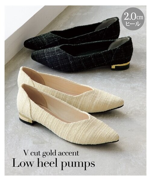 nissen（ニッセン）の「Vカットゴールドアクセントローヒールパンプス(低反発中敷)（パンプス・メンズ・黒(ツイード調)/アイボリー(ツイード調)・S=23.0cm/M=24.0cm/L=25.0cm/LL=25.5cm）」の2枚目の写真