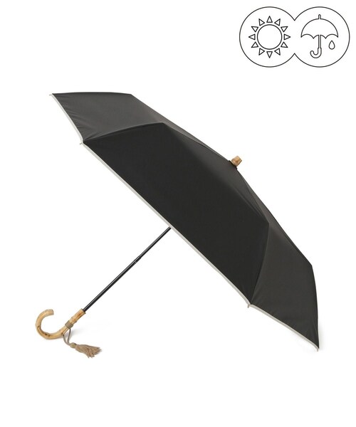 ROPE'（ロペ）の「[撥水/晴雨兼用]バンブーハンドルバイカラーコンパクトパラソル(折りたたみ雨傘・遮熱日傘)/UV&遮光率100%カット/近赤外線99.9％（折りたたみ傘・レディース・ブラック/キナリ・F）」の2枚目の写真