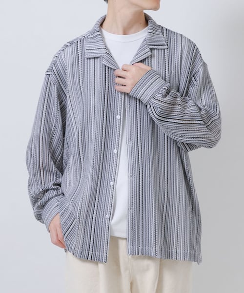 ITEMS URBANRESEARCH(アイテムズ アーバンリサーチ)の「マルチストライプレースオープンカラーシャツ(シャツ/ブラウス・メンズ・BLU/BLK/GRN・M/L)」の1枚目の写真