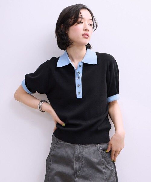 ADAM ET ROPE'(アダムエロペ)の「【WEB限定】ハーフスリーブバイカラーポロニット(ポロシャツ・レディース・ブラック/ネイビー/サックス・F)」の10枚目の写真