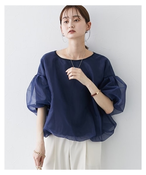 nissen（ニッセン）の「オーガンジー重ね袖ボリュームプルオーバー（Tシャツ/カットソー・レディース・黒ドット/白ドット/ネイビー/オフホワイト・M/L）」の8枚目の写真