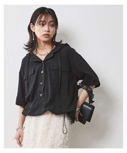 nissen（ニッセン）の「大きいサイズ パーカーシャツ シックスタイル（シャツ/ブラウス・レディース・オレンジ/オフベージュ(麻カス残し)/黒・L/LL/3L/4L/5L/6L/8L/10L）」の6枚目の写真