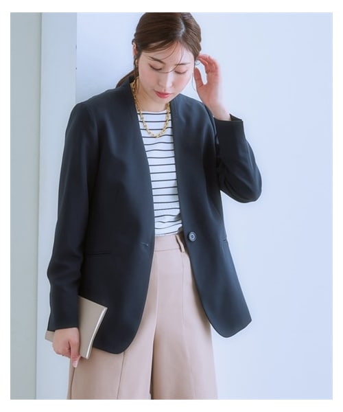 nissen（ニッセン）の「洗えるストレッチダブルクロスノーカラージャケット（ストレッチ・しわになりにくい・ＵＶカット・洗濯機OK）（選べる２レングス）<大きいサイズ有>（ジャケット/アウター・レディース・モカ/ライトグレー/黒/ネイビー/ブラウン・S/M/L/LL/3L/4L/5L/6L）」の5枚目の写真