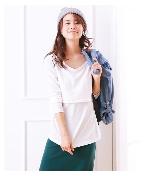 nissen（ニッセン）の「【産前・産後　授乳服】授乳しやすい　丸首長袖無地Ｔシャツ（マタニティウェア/グッズ・レディース・黒/【移行済】ディープネイビー/ボルドー/モカブラウン/【移行済】杢グレー/オフホワイト/ライム/グレージュ/スモークピンク/くすみブルー/くすみライラック/ライトネイビー・マタニティS/マタニティM/マタニティL/マタニティLL/マタニティ3L/マタニティ4L/マタニティ5L/マタニティ6L）」の16枚目の写真