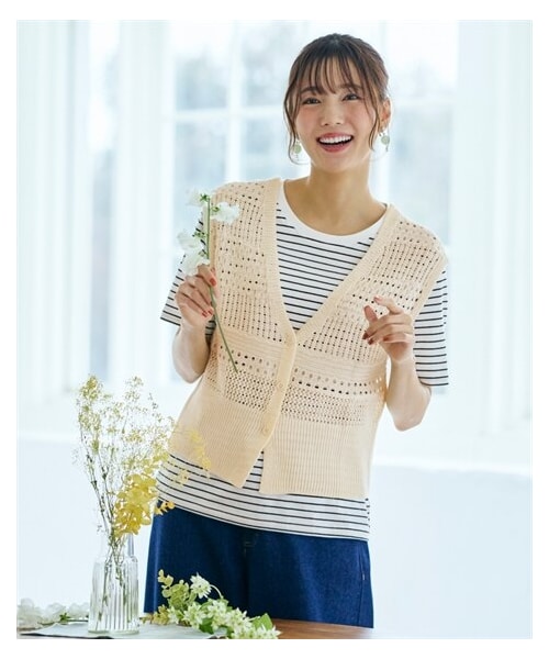 nissen（ニッセン）の「＜大きいサイズ＞２点セット（前あきべスト＋綿100％半袖Ｔシャツ）（Tシャツ/カットソー・レディース・アイボリー×ボーダー/黒×ホワイト/グリーン×ホワイト・L~LL/3L~4L/5L~6L/8L/10L）」の9枚目の写真