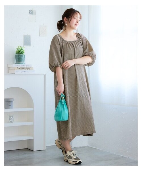 nissen（ニッセン）の「＜大きいサイズ＞カットソー楊柳さらっと軽いワンピース（ワンピース・レディース・ベージュ×黒系ギンガムチェック/オフホワイト×黒系ギンガムチェック/黒・L~LL/3L~4L/5L~6L/8L/10L/SS/S/M）」の19枚目の写真