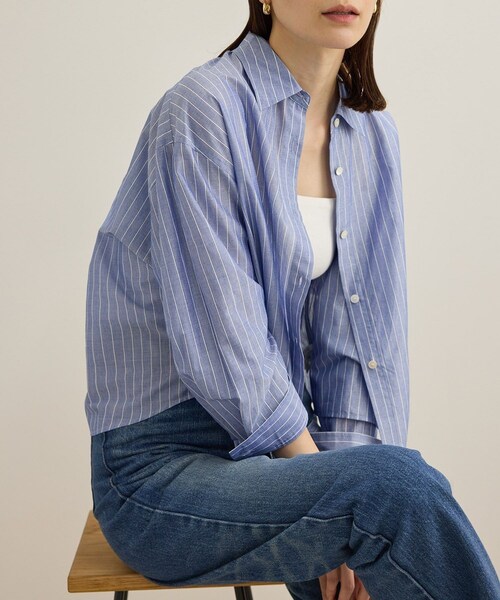 ROPE'（ロペ）の「【洗える】コットンシアークロップドシャツブラウス（シャツ/ブラウス・レディース・ブラック/ホワイト/ブルー系・36/38）」の5枚目の写真