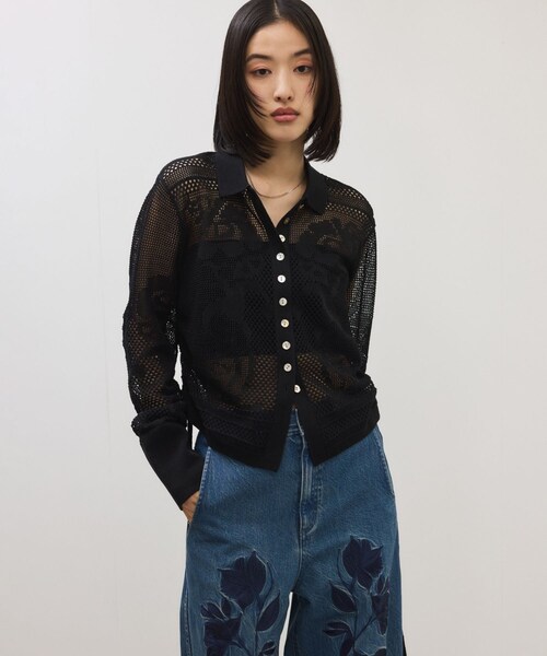 ADAM ET ROPE'(アダムエロペ)の「【サステナブル】クロシェニットシャツ(シャツ/ブラウス・レディース・ブラック/ホワイト・F)」の3枚目の写真