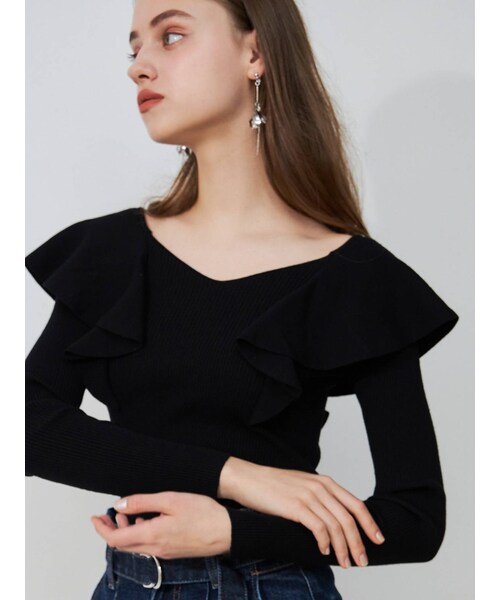 MERCURYDUO（マーキュリーデュオ）の「ロングスリーブラッフルコンパクトリブニット（ニット/セーター・レディース・ブラック/ピンク/ブルー/ベージュ/パープル/オフホワイト・F）」の21枚目の写真