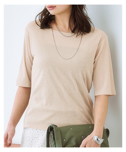 nissen（ニッセン）の「スラブシアー5分袖コンパクトTシャツ＜大きいサイズ有＞（Tシャツ/カットソー・レディース・オフホワイト/ライトベージュ/モカ/ダスティブルー/黒・S/M/L/LL/3L/4L/5L/6L/8L/10L）」の4枚目の写真
