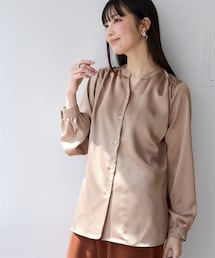 nissen | ＜大きいサイズ＞ サテンスキッパーギャザーシャツ（防しわ）(シャツ/ブラウス)