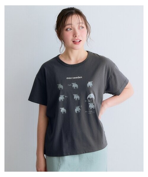 nissen（ニッセン）の「moz(モズ)なかよしエルクプリントゆるＴシャツ＜大きいサイズ有＞（Tシャツ/カットソー・レディース・杢グレー/チャコール/ペールグリーン・S/M/L/LL/3L/4L/5L）」の7枚目の写真