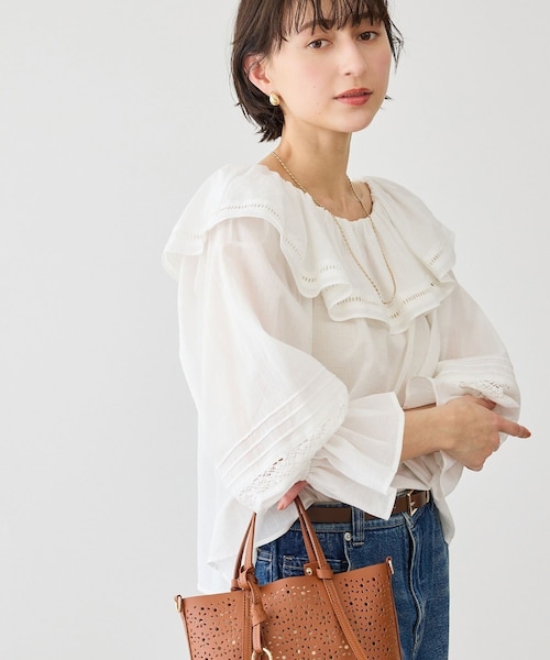 ROPE' PICNIC(ロペピクニック)の「お着軽シャツシリーズ レース使い2WAYオフショルシアーブラウス/接触冷感・通気性(シャツ/ブラウス・レディース・ブラック/ホワイト/ブルー系/イエロー・F)」の19枚目の写真
