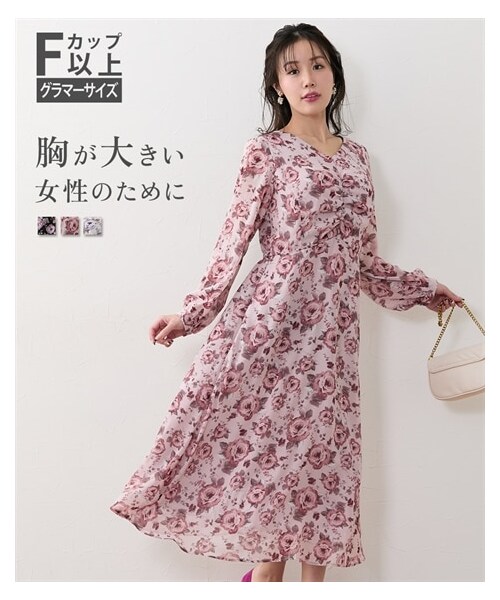 【大きい胸専用】Vネックシャーリングフラワーワンピース（リボン付）