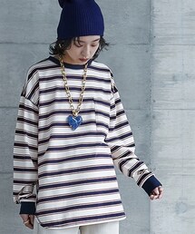 GEVS. | 大きいサイズリブ配色ポケット付ボーダーカットソーGEVS.(Tシャツ/カットソー)