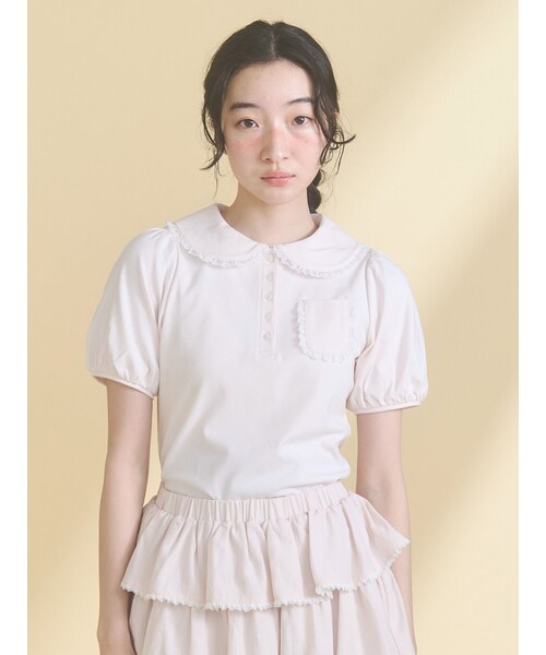 merry jenny（メリージェニー）の「frilly summer polo top（ポロシャツ・レディース・オフホワイト/ピンク/ミントグリーン・F）」の5枚目の写真