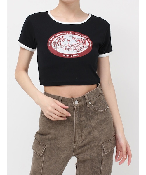 EVRIS（エヴリス）の「リンガーグラフィックショートTシャツ（Tシャツ/カットソー・レディース・ホワイト/ブラック/マスタード・F）」の13枚目の写真