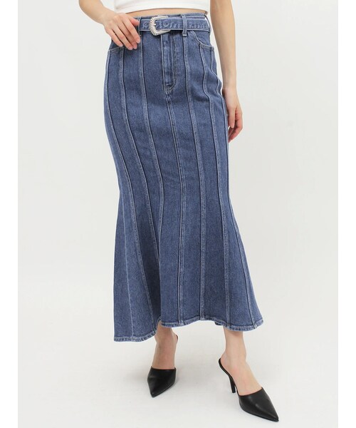 GYDA（ジェイダ）の「ハイウエストバックルベルトデザインマーメイドスカート（デニムスカート・レディース・ブルー/アイスブルー・S/M）」の5枚目の写真