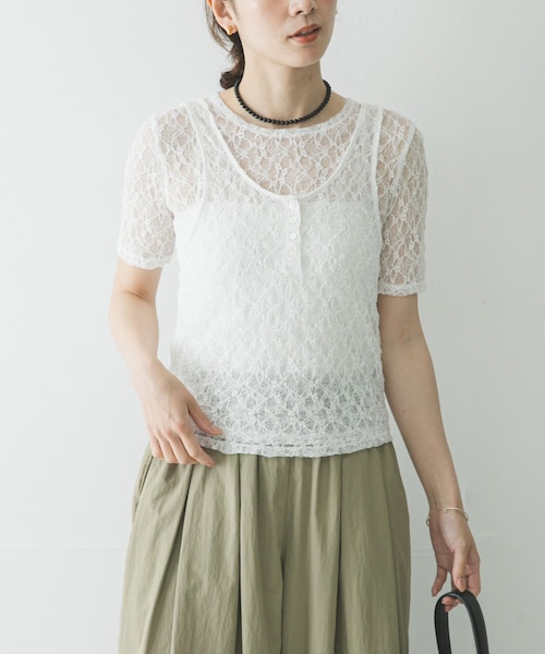 URBAN RESEARCH（アーバンリサーチ）の「ストレッチレースコンパクトTシャツ（Tシャツ/カットソー・レディース・OFF WHITE/BLACK・Free）」の5枚目の写真