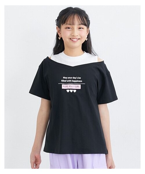 nissen（ニッセン）の「肩開き重ね着風半袖Tシャツ（女の子）（Tシャツ/カットソー・キッズ・オフホワイト/黒/杢グレー・140/150/160）」の7枚目の写真