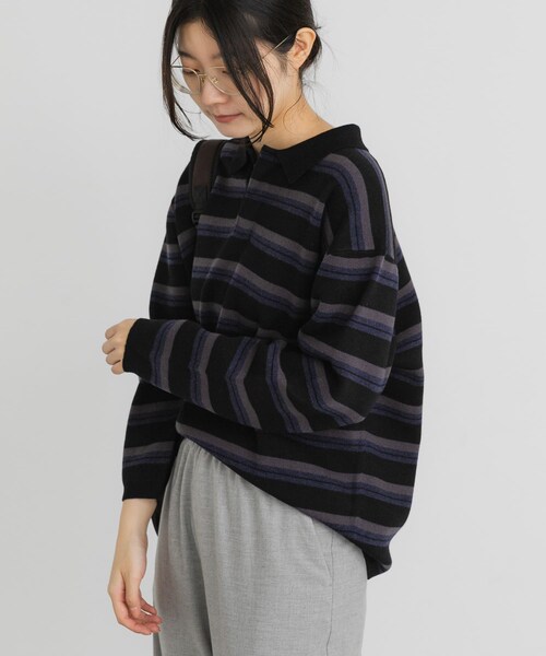 EKAL（エカル）の「ジャガードボーダーポロニット（ニット/セーター・レディース・ベージュ/ブラック/ブラウン・One）」の6枚目の写真