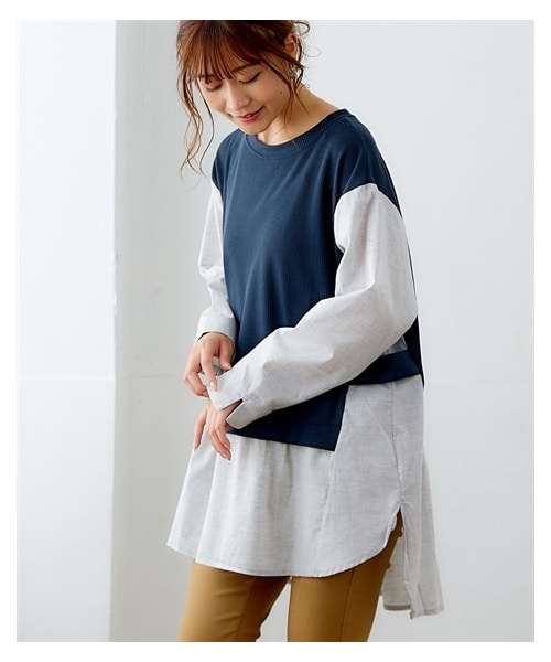 nissen（ニッセン）の「重ね着風カットソーチュニック（選べるデザイン）＜大きいサイズ有＞（チュニック・レディース・ベスト前後差(チャコール×グレー系)/ブラウン×ブラウン系:ベスト前後差/モカ:プリーツ/プリーツ(ネイビー)/チャコールグレー:サイドファスナー/モカ:サイドファスナー/カーキ:パーカー/チャコールグレー:パーカー/ベスト前後差(チャコール×オフホワイト)/ネイビー系:布帛切替パーカー/黒系:配色切替/プリーツプリント(モカ)/黒:プリーツプリント/チュール(ライトグレー)/ベスト(チャコール系)/ベスト(ネイビー系)/Vネックベスト(ダークグリーン)/コクーン(チャコールグレー)/ビスチェ(ネイビー系)/フリルシャツ(黒系)/コクーン(ブルーグリーン)/ボリューム袖(黒)・S/M/L/LL/3L）」の21枚目の写真