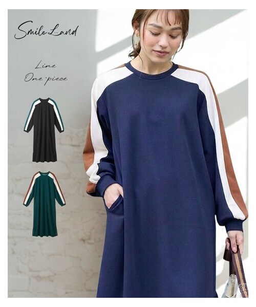 nissen（ニッセン）の「＜大きいサイズ＞ゆるシルエットカラーラインカットソーワンピース（ワンピース・レディース・ネイビー×グレージュ×ブラウン/黒×グレージュ×グリーン/グリーン×グレージュ×ブラウン・L/LL/3L/4L/5L/6L/8L/10L）」の3枚目の写真