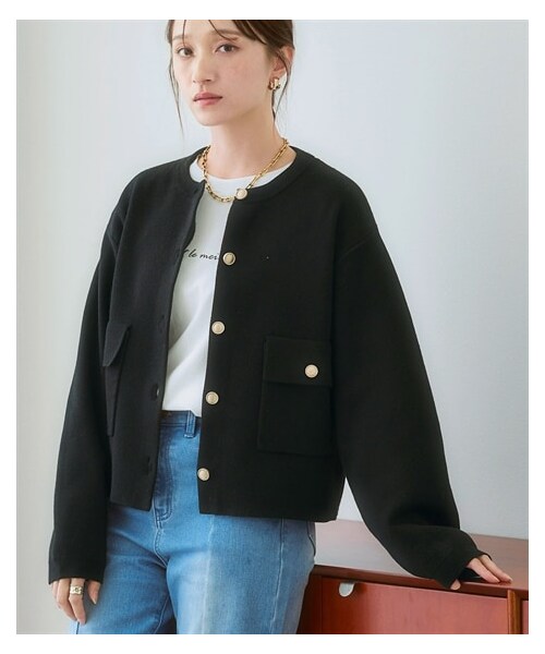 nissen（ニッセン）の「ゴールドボタンニットジャケット（ニット/セーター・レディース・杢グレー/ベージュ杢/黒・M/S/L/LL）」の9枚目の写真