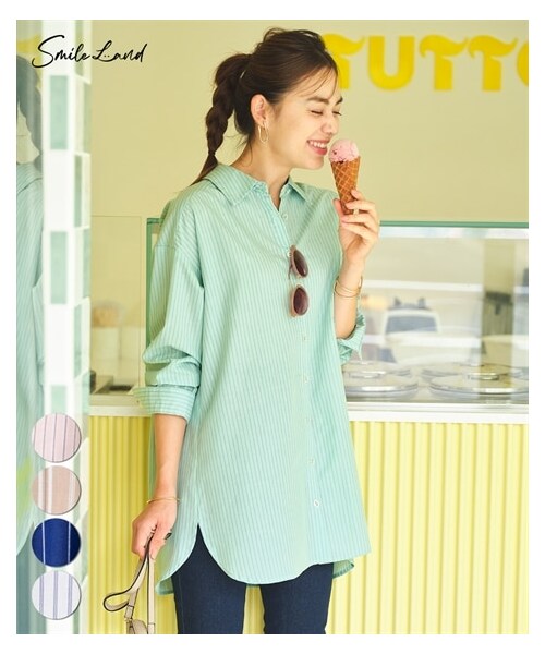 nissen（ニッセン）の「大きいサイズ ゆるシルエットストライプシャツ（シャツ/ブラウス・レディース・ミントグリーン系/ピンク系/ベージュ系/ネイビー系/オフホワイト系・L~LL相当/3L~4L相当/5L~6L相当/8L相当/10L相当）」の3枚目の写真