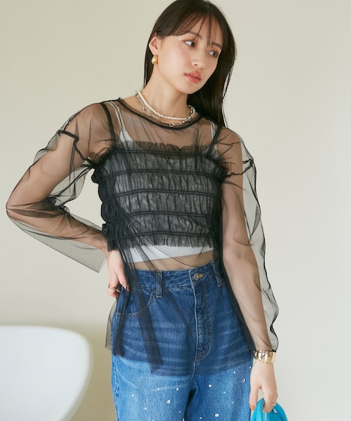 VIS(ビス)の「【SET】チュールレイヤードカットソー&ビスチェキャミソール(Tシャツ/カットソー・レディース・ブラック/ブラック系/グレー/キナリ・F)」の10枚目の写真