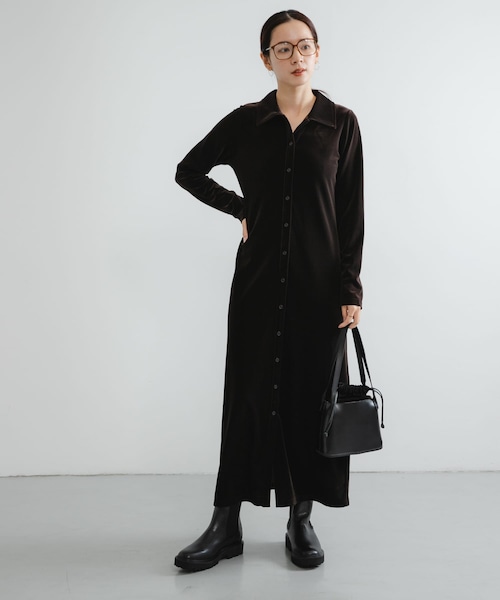 URBAN RESEARCH(アーバンリサーチ)の「ベロアシャツカラーワンピース(ワンピース・レディース・BEIGE/BROWN・FREE)」の1枚目の写真